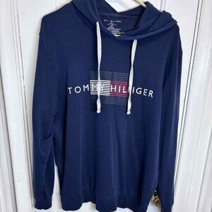 TOMMY HILFIGER Mens Graphic Hoodie Large Soft Navy Blue Cotton Blend